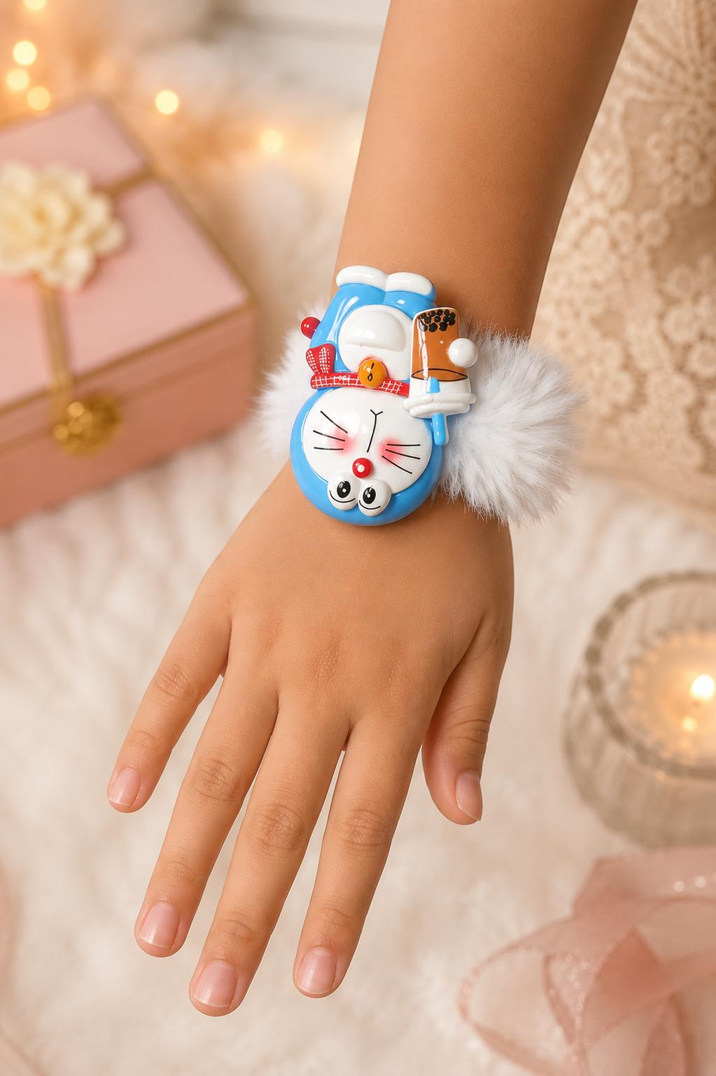 Girls White Soft Fur Doraemon Toy Scrunchie Rakhi (pack Of 1) - Image 2