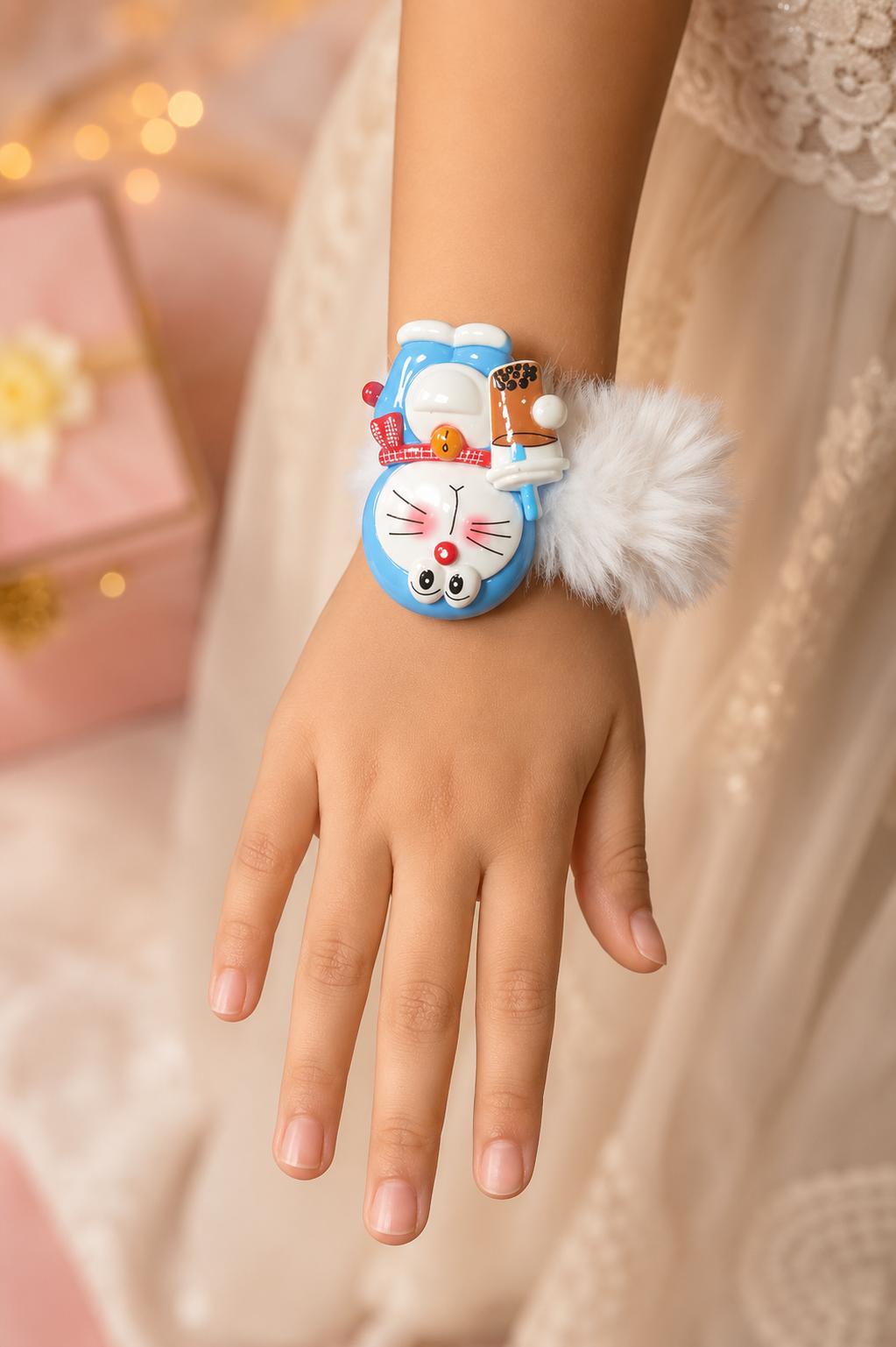 Girls White Soft Fur Doraemon Toy Scrunchie Rakhi (pack Of 1) - Image 5