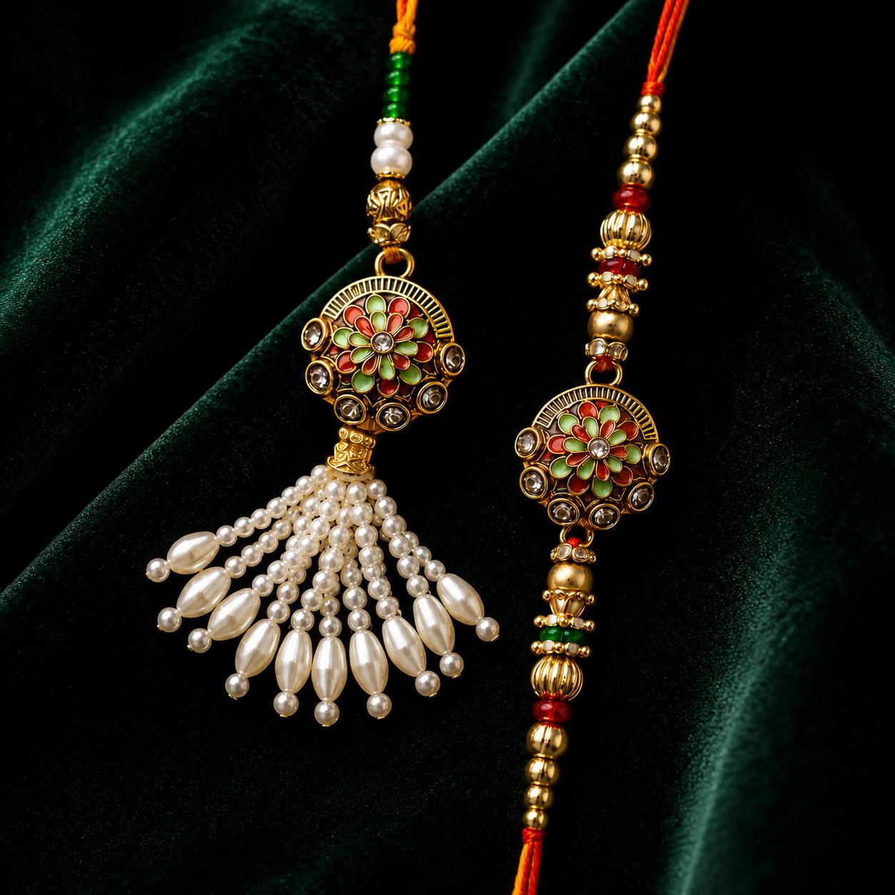 Gold Plated Meenakari Bhaiya Bhabhi Rakhi Pair With Pearls(set Of 2 Rakhi For Bhaiya-Bhabhi With Roli, Chawal, Chandan & Mishri Pack) - Image 2