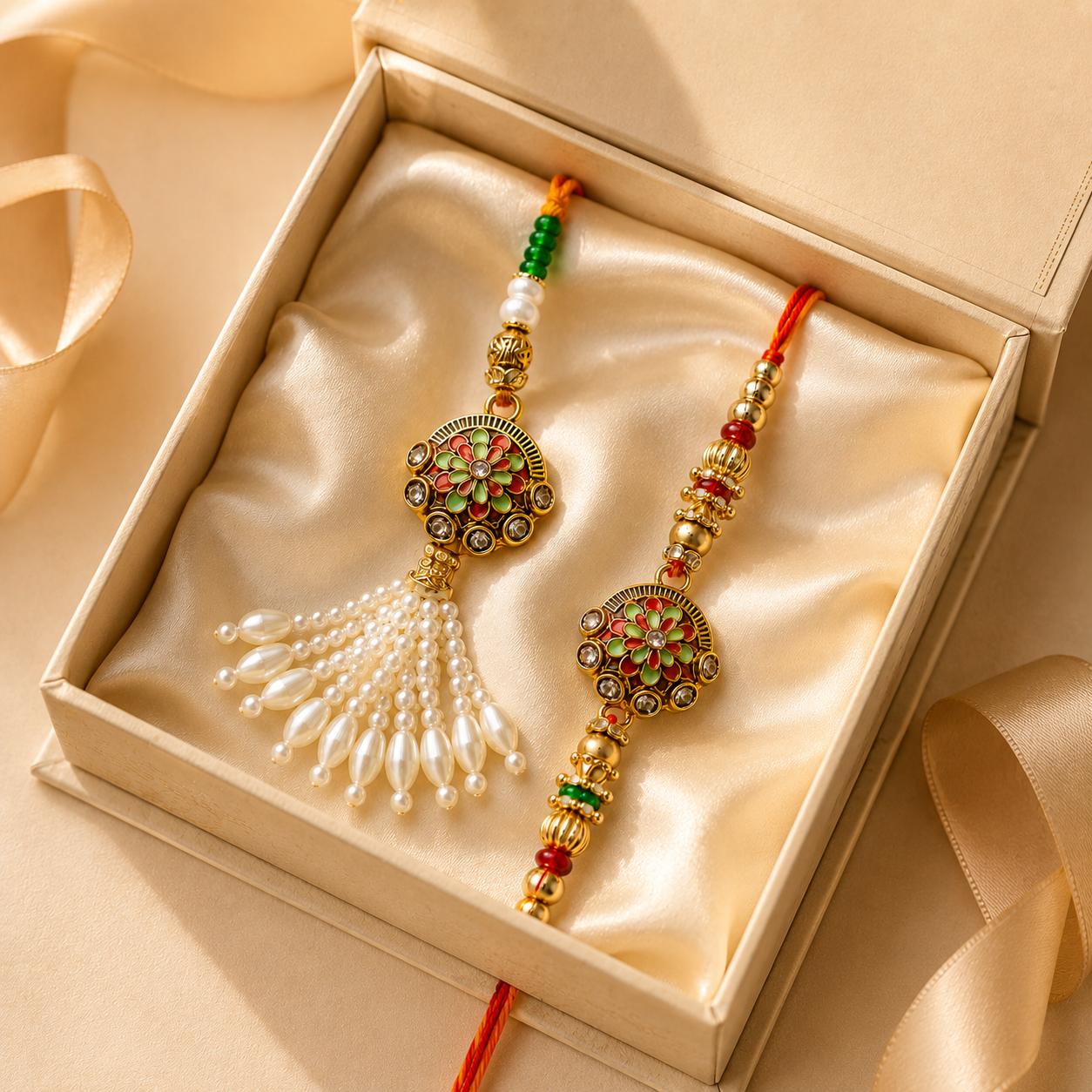Gold Plated Meenakari Bhaiya Bhabhi Rakhi Pair With Pearls(set Of 2 Rakhi For Bhaiya-Bhabhi With Roli, Chawal, Chandan & Mishri Pack) - Image 3