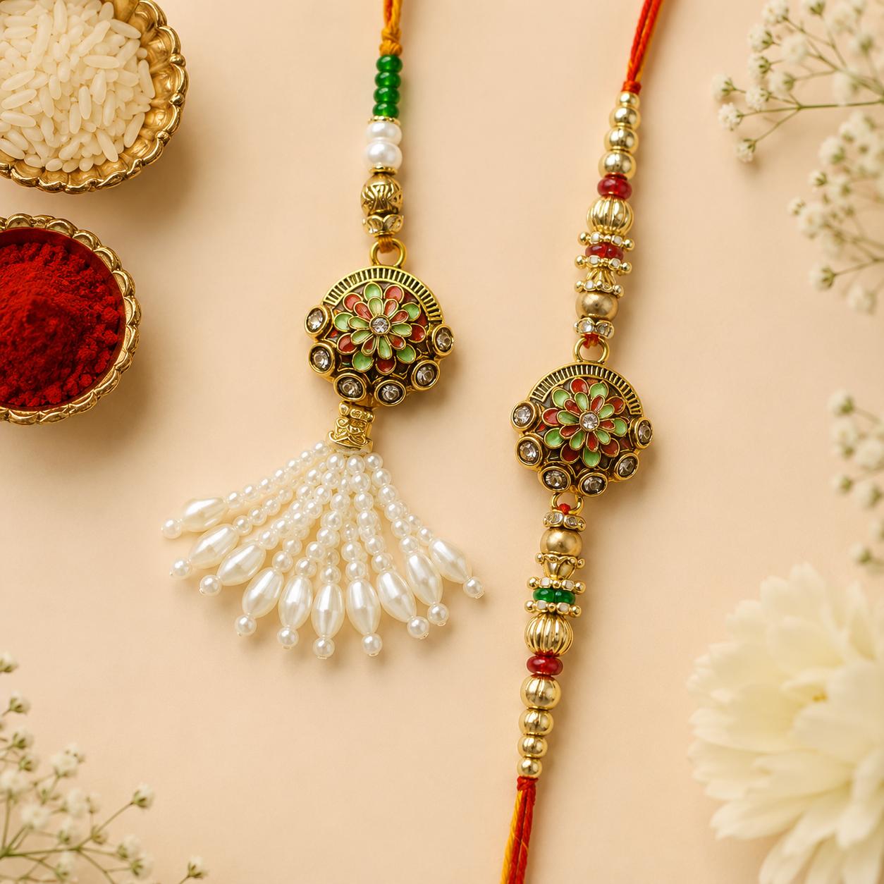 Gold Plated Meenakari Bhaiya Bhabhi Rakhi Pair With Pearls(set Of 2 Rakhi For Bhaiya-Bhabhi With Roli, Chawal, Chandan & Mishri Pack) - Image 7