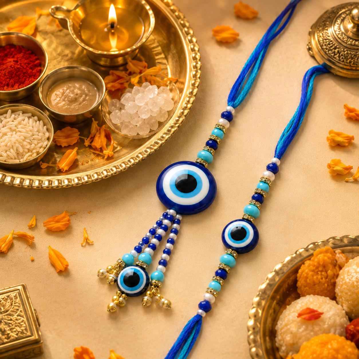 Evil Eye Bhaiya Bhabhi Rakhi Combo Set With Pearl Lumba(set Of 2 Rakhi For Bhaiya-Bhabhi With Roli, Chawal, Chandan & Mishri Pack)
