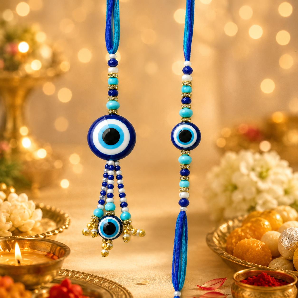 Evil Eye Bhaiya Bhabhi Rakhi Combo Set With Pearl Lumba(set Of 2 Rakhi For Bhaiya-Bhabhi With Roli, Chawal, Chandan & Mishri Pack) - Image 3