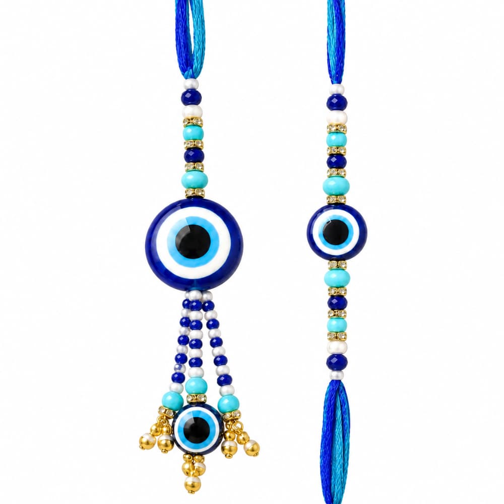 Evil Eye Bhaiya Bhabhi Rakhi Combo Set With Pearl Lumba(set Of 2 Rakhi For Bhaiya-Bhabhi With Roli, Chawal, Chandan & Mishri Pack) - Image 5