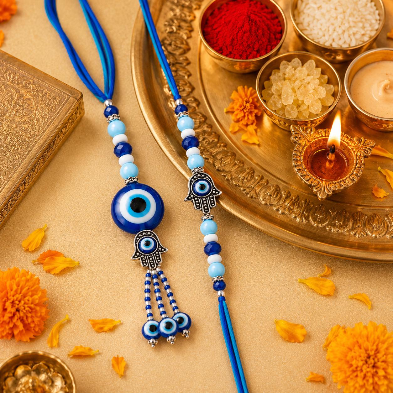 Hamsa Hand Evil Eye Bhaiya Bhabhi Rakhi Set With Lumba(set Of 2 Rakhi For Bhaiya-Bhabhi With Roli, Chawal, Chandan & Mishri Pack)