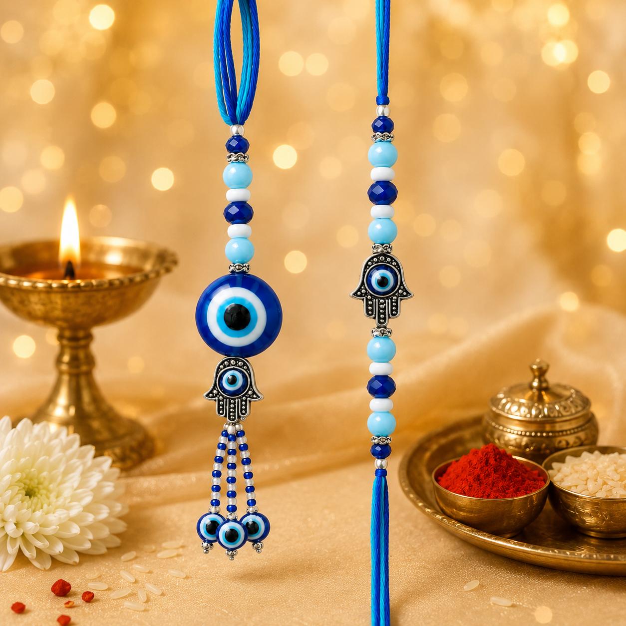 Hamsa Hand Evil Eye Bhaiya Bhabhi Rakhi Set With Lumba(set Of 2 Rakhi For Bhaiya-Bhabhi With Roli, Chawal, Chandan & Mishri Pack) - Image 2