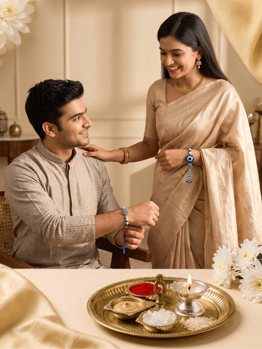 Hamsa Hand Evil Eye Bhaiya Bhabhi Rakhi Set With Lumba(set Of 2 Rakhi For Bhaiya-Bhabhi With Roli, Chawal, Chandan & Mishri Pack) - Image 4
