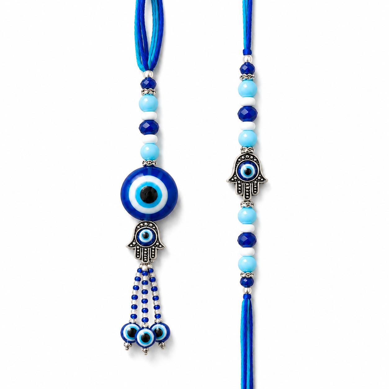 Hamsa Hand Evil Eye Bhaiya Bhabhi Rakhi Set With Lumba(set Of 2 Rakhi For Bhaiya-Bhabhi With Roli, Chawal, Chandan & Mishri Pack) - Image 5