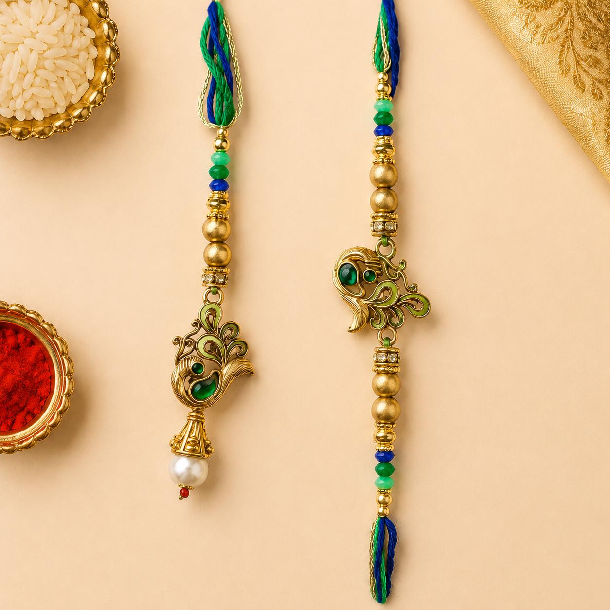 Gold Plated Peacock Meenakari Bhaiya Bhabhi Rakhi Set(set Of 2 Rakhi For Bhaiya-Bhabhi With Roli, Chawal, Chandan & Mishri Pack) - Image 3