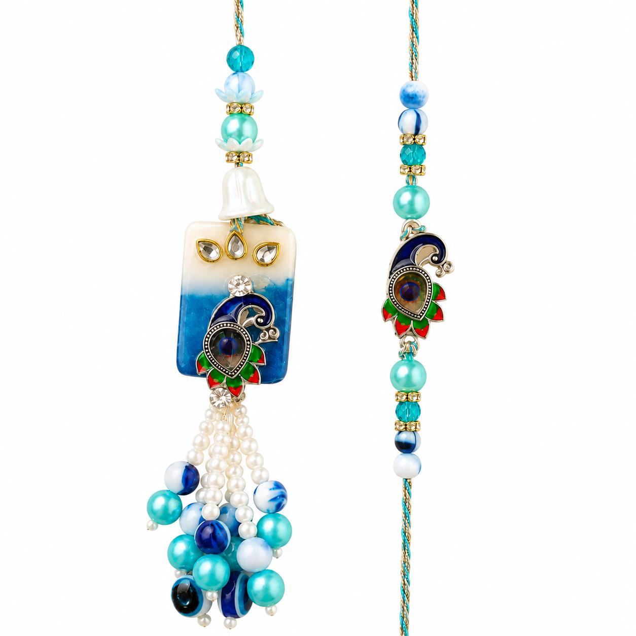 Peacock Resin Work Bhaiya Bhabhi Rakhi Combo Set With Lumba(set Of 2 Rakhi For Bhaiya-Bhabhi With Roli, Chawal, Chandan & Mishri Pack)