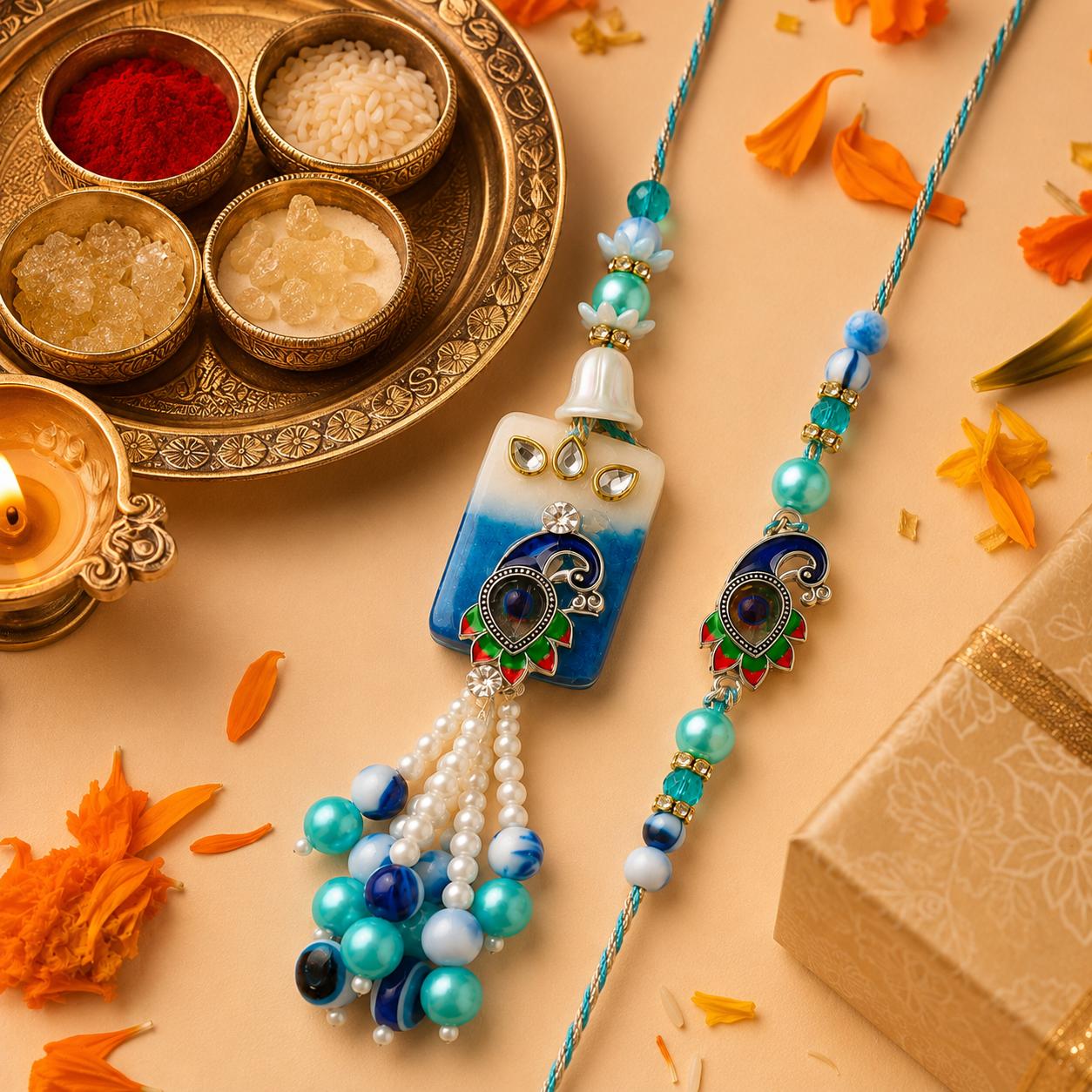 Peacock Resin Work Bhaiya Bhabhi Rakhi Combo Set With Lumba(set Of 2 Rakhi For Bhaiya-Bhabhi With Roli, Chawal, Chandan & Mishri Pack) - Image 2