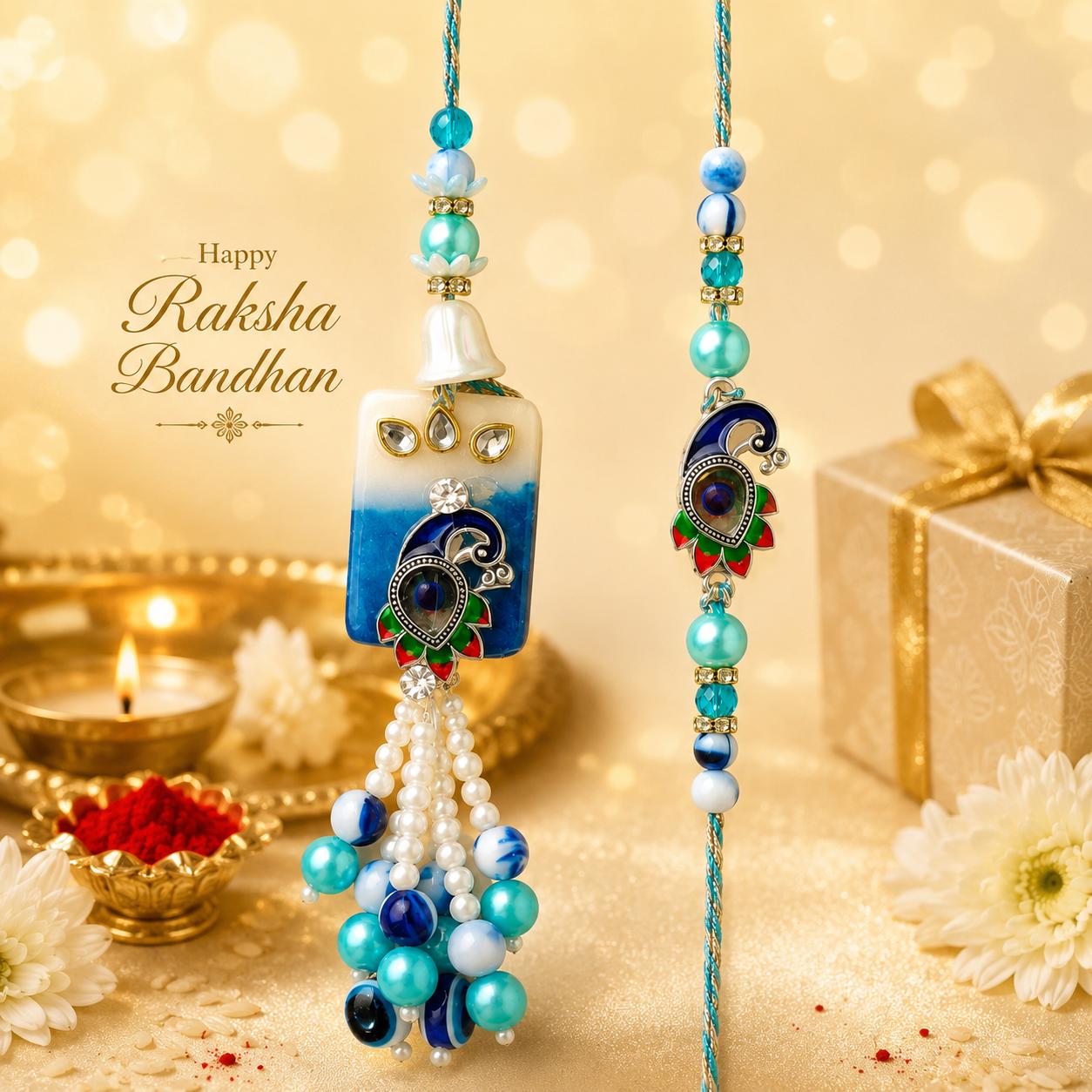 Peacock Resin Work Bhaiya Bhabhi Rakhi Combo Set With Lumba(set Of 2 Rakhi For Bhaiya-Bhabhi With Roli, Chawal, Chandan & Mishri Pack) - Image 3