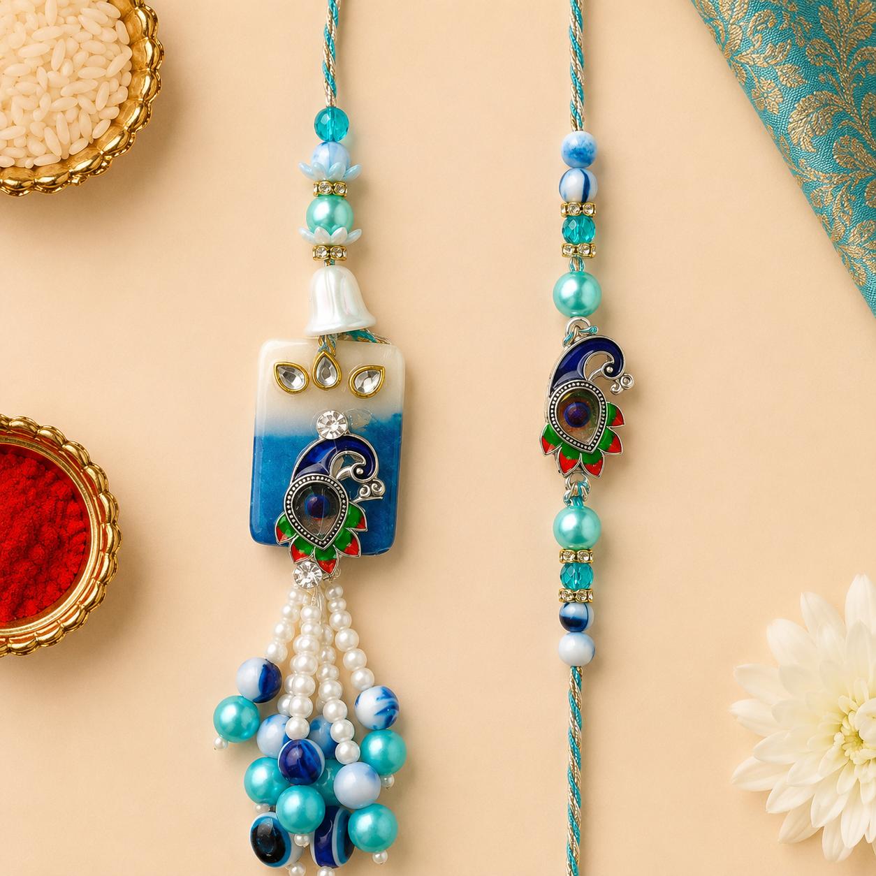 Peacock Resin Work Bhaiya Bhabhi Rakhi Combo Set With Lumba(set Of 2 Rakhi For Bhaiya-Bhabhi With Roli, Chawal, Chandan & Mishri Pack) - Image 4