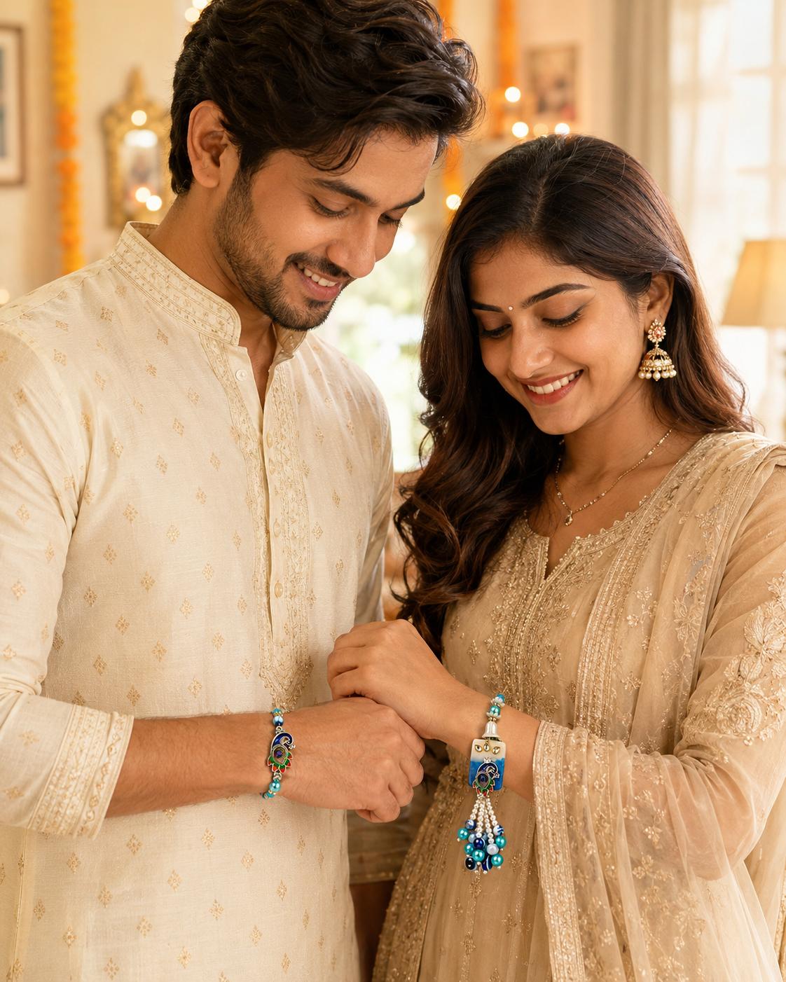 Peacock Resin Work Bhaiya Bhabhi Rakhi Combo Set With Lumba(set Of 2 Rakhi For Bhaiya-Bhabhi With Roli, Chawal, Chandan & Mishri Pack) - Image 6
