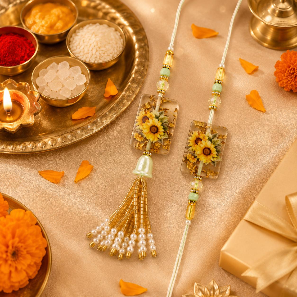 Sunflower Resin Work Bhaiya Bhabhi Rakhi Combo Set(set Of 2 Rakhi For Bhaiya-Bhabhi With Roli, Chawal, Chandan & Mishri Pack)