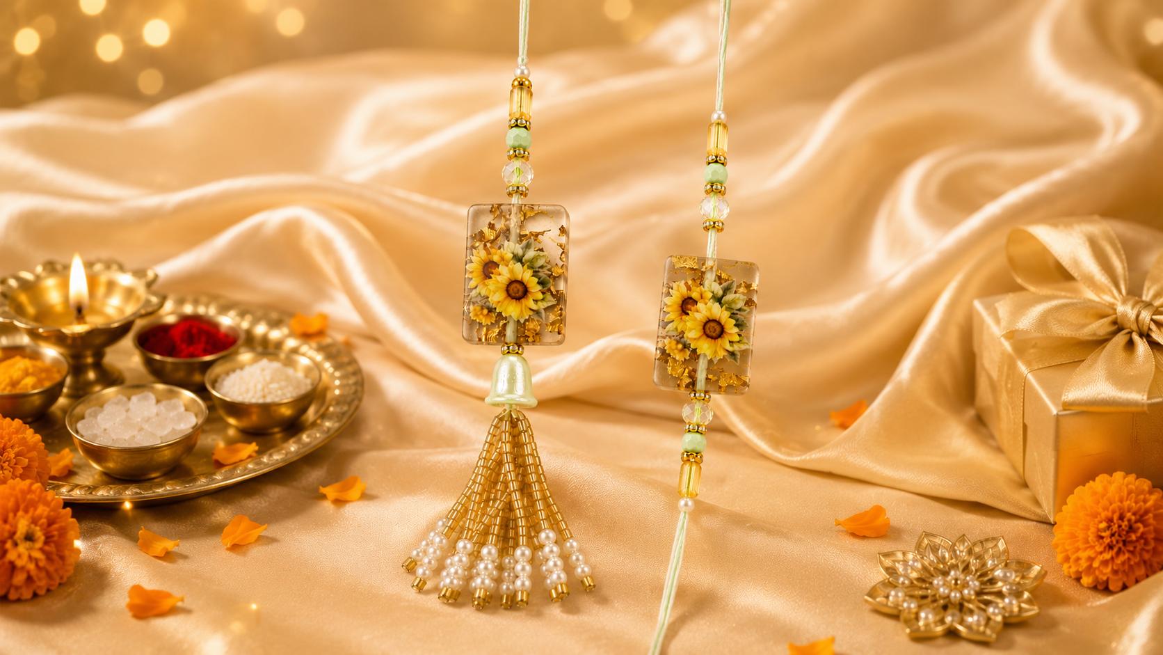 Sunflower Resin Work Bhaiya Bhabhi Rakhi Combo Set(set Of 2 Rakhi For Bhaiya-Bhabhi With Roli, Chawal, Chandan & Mishri Pack) - Image 2