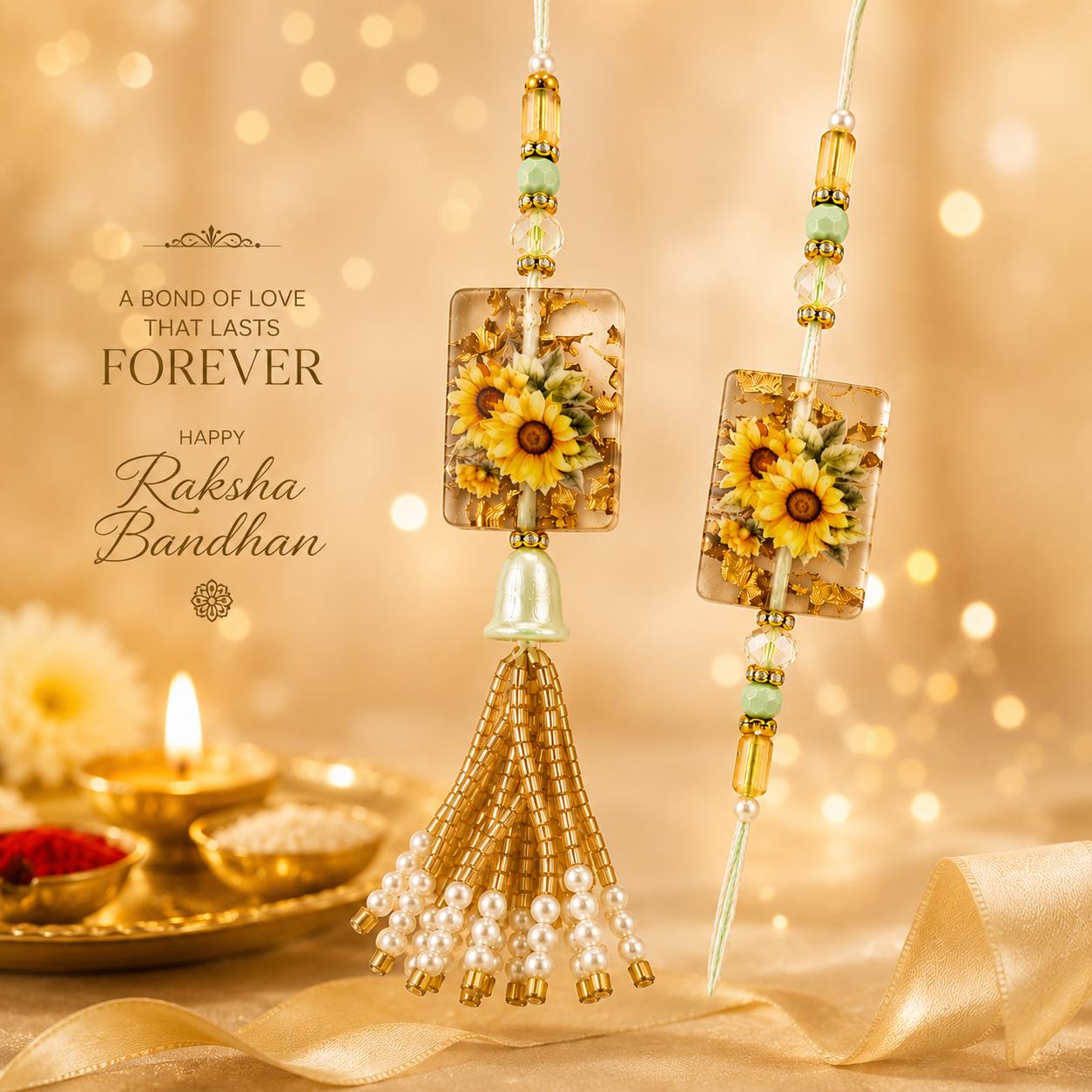 Sunflower Resin Work Bhaiya Bhabhi Rakhi Combo Set(set Of 2 Rakhi For Bhaiya-Bhabhi With Roli, Chawal, Chandan & Mishri Pack) - Image 3