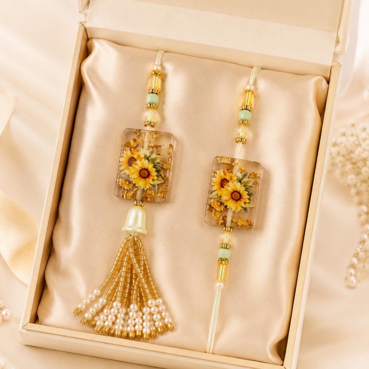 Sunflower Resin Work Bhaiya Bhabhi Rakhi Combo Set(set Of 2 Rakhi For Bhaiya-Bhabhi With Roli, Chawal, Chandan & Mishri Pack) - Image 6