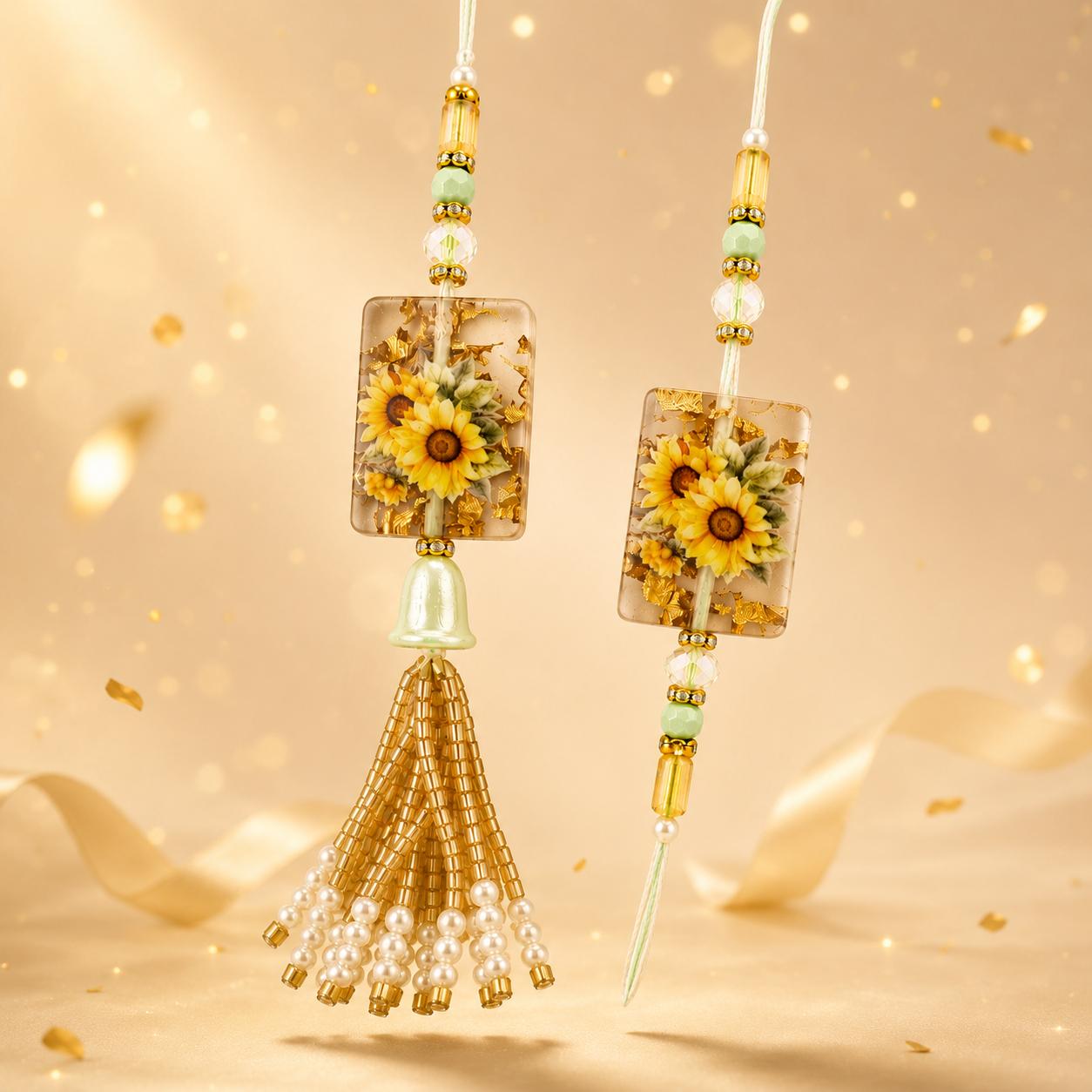 Sunflower Resin Work Bhaiya Bhabhi Rakhi Combo Set(set Of 2 Rakhi For Bhaiya-Bhabhi With Roli, Chawal, Chandan & Mishri Pack) - Image 7