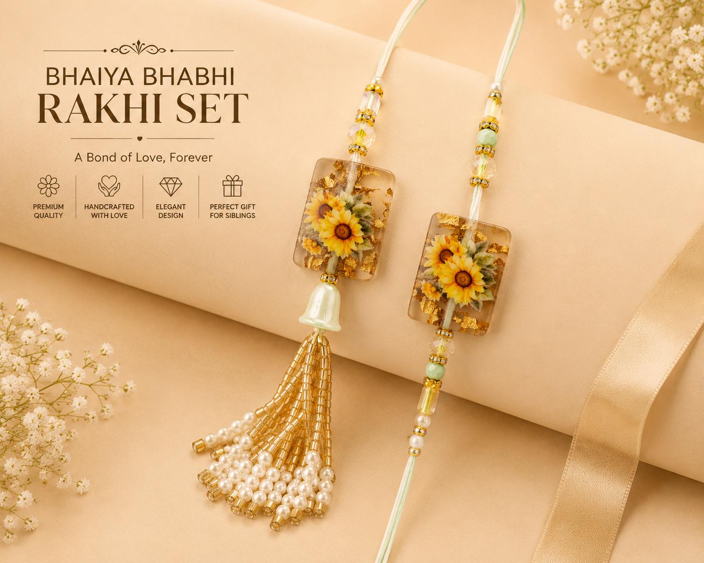 Sunflower Resin Work Bhaiya Bhabhi Rakhi Combo Set(set Of 2 Rakhi For Bhaiya-Bhabhi With Roli, Chawal, Chandan & Mishri Pack) - Image 8