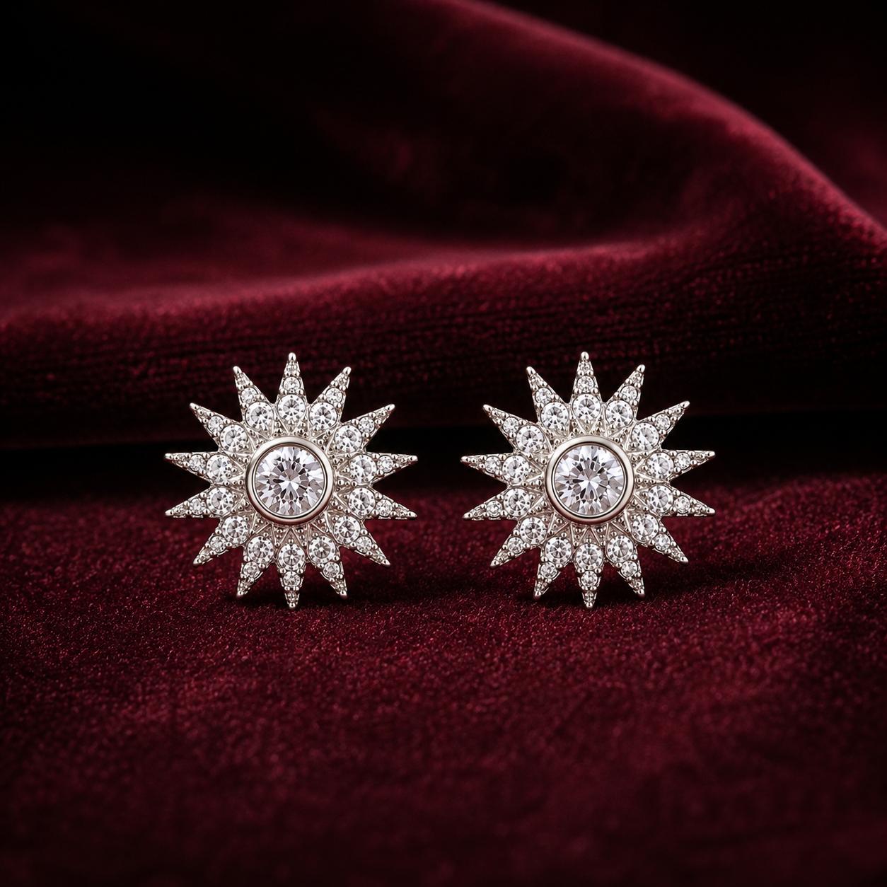 Forevershine Rhodium Plated Ad Sunburst Stud Earrings For Women