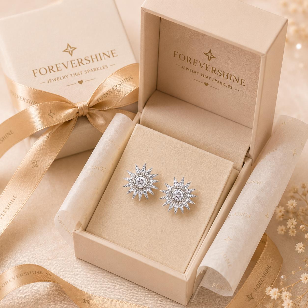 Forevershine Rhodium Plated Ad Sunburst Stud Earrings For Women - Image 9