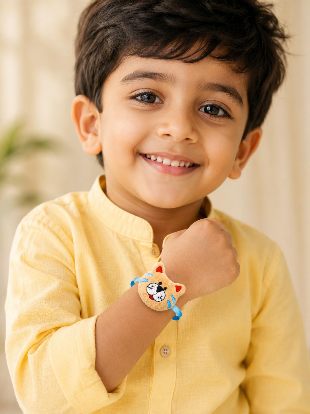 Kids Plush Cat Rakhi For Brother Soft Embroidered Animal Rakhi - Image 4