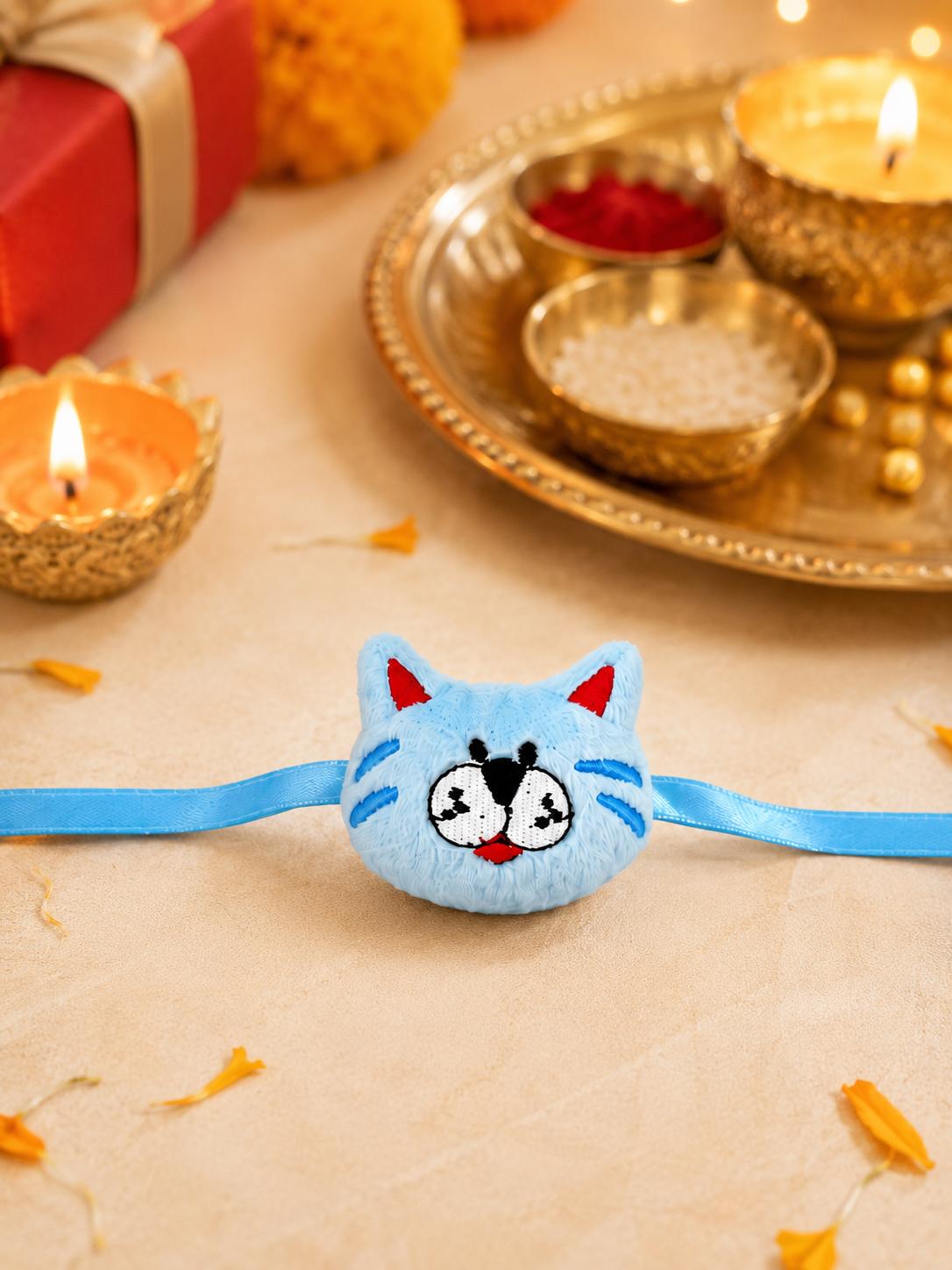 Kids Plush Blue Cat Rakhi For Brother Soft Embroidered Rakhi
