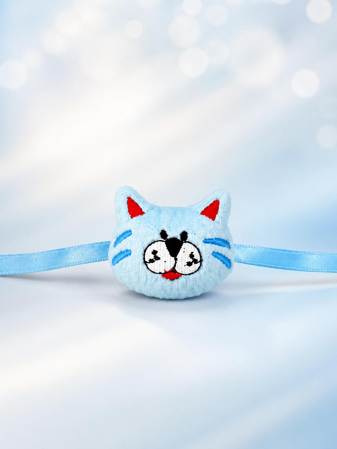 Kids Plush Blue Cat Rakhi For Brother Soft Embroidered Rakhi - Image 2