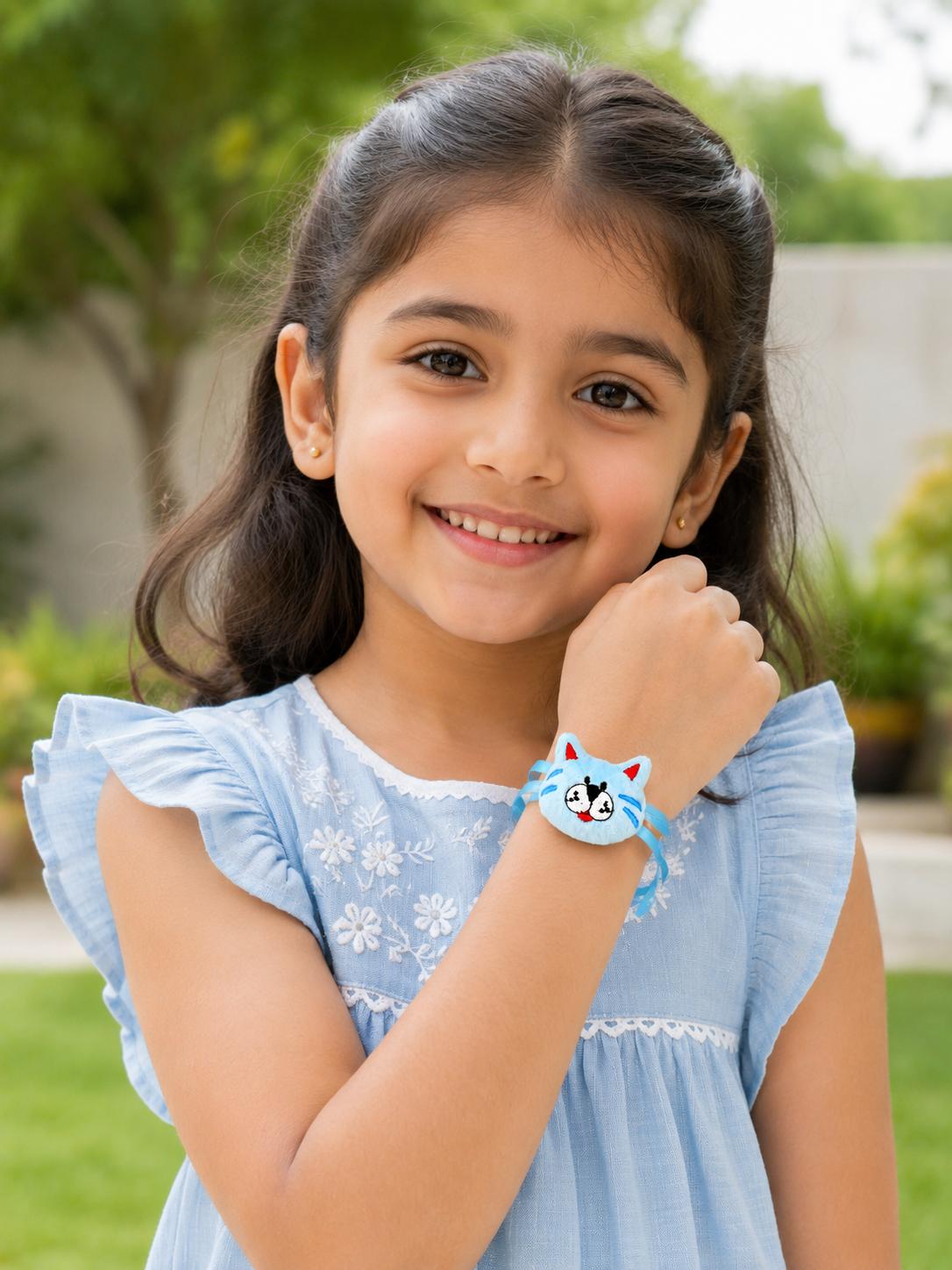 Kids Plush Blue Cat Rakhi For Brother Soft Embroidered Rakhi - Image 6