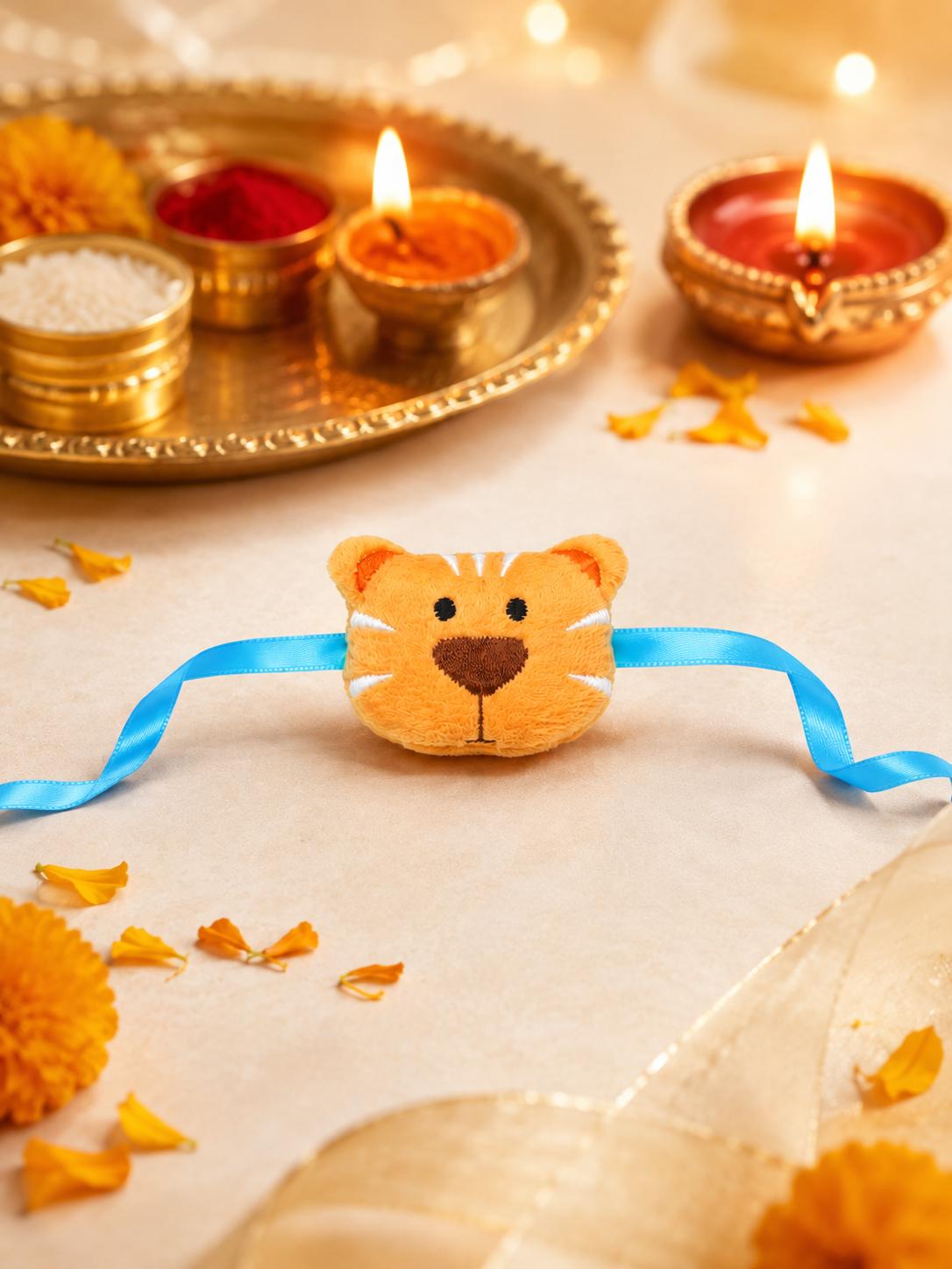 Kids Plush Tiger Rakhi With Satin Ribbon For Brother