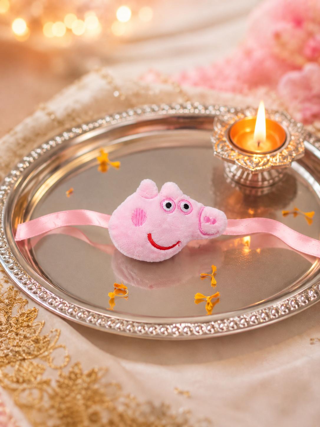 Kids Plush Pig Rakhi With Satin Ribbon For Brother
