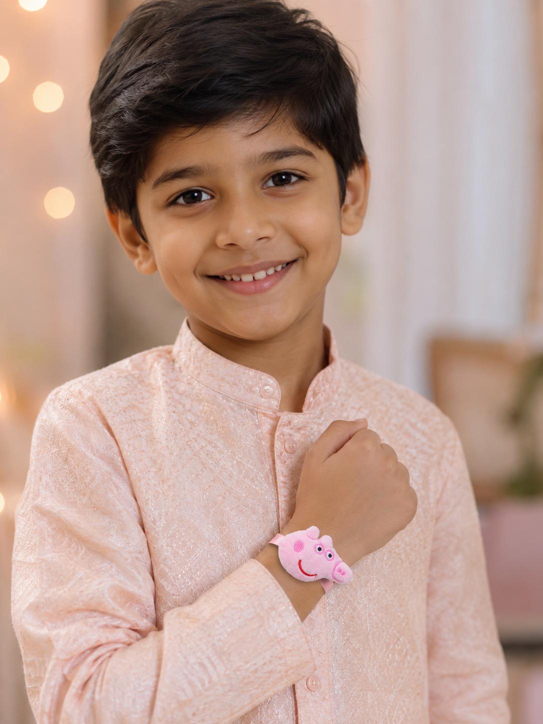 Kids Plush Pig Rakhi With Satin Ribbon For Brother - Image 3