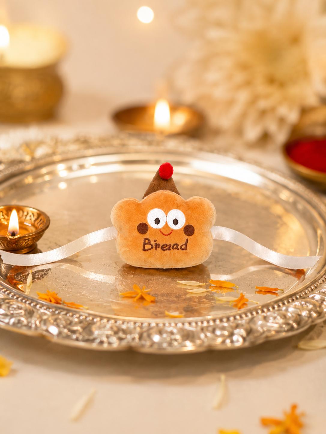 Cute Bread Plush Rakhi With Satin Ribbon Soft Kids Brother Rakhi For Raksha Bandhan Gift