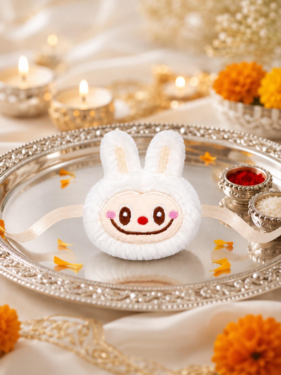 Cute Bunny Plush Rakhi With Satin Ribbon Soft Kids Brother Rakhi For Raksha Bandhan Gift
