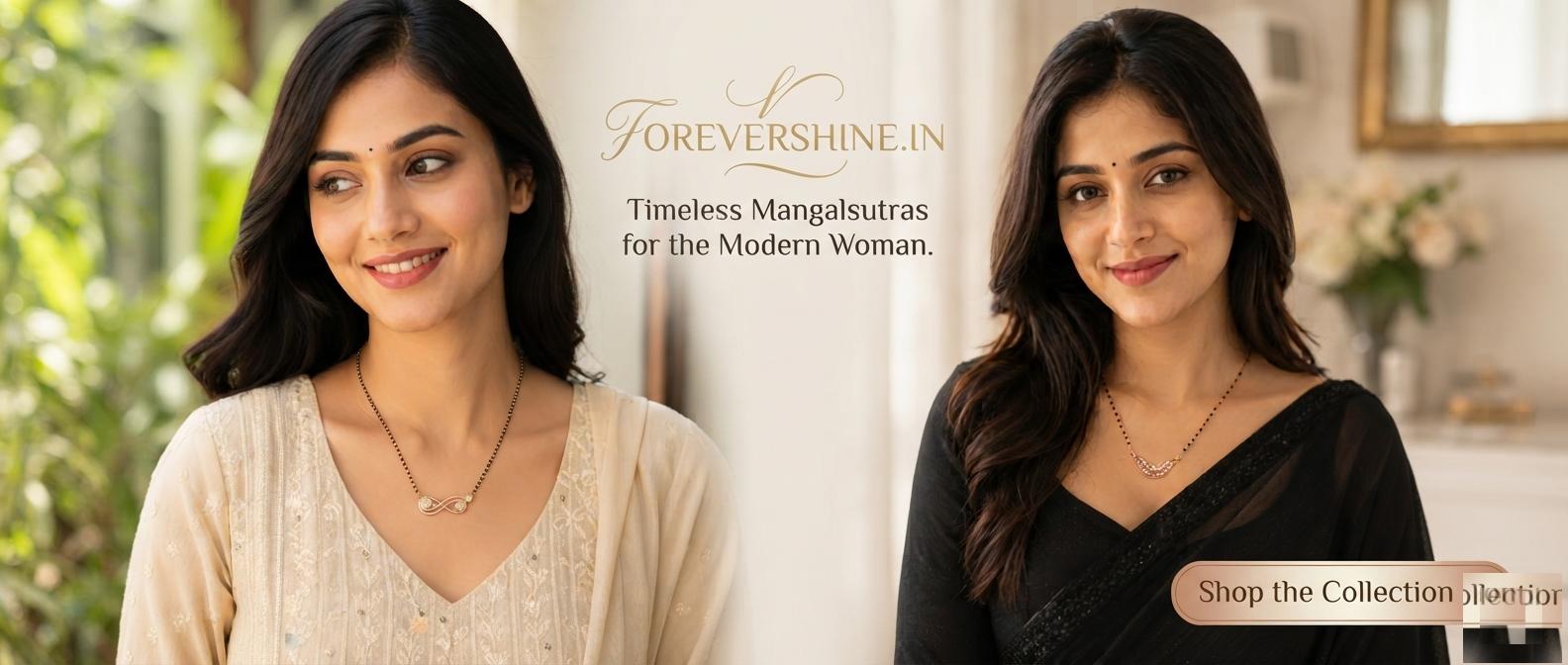 Modern rose gold mangalsutra designs with CZ pendants from Forever Shine on a soft banner background