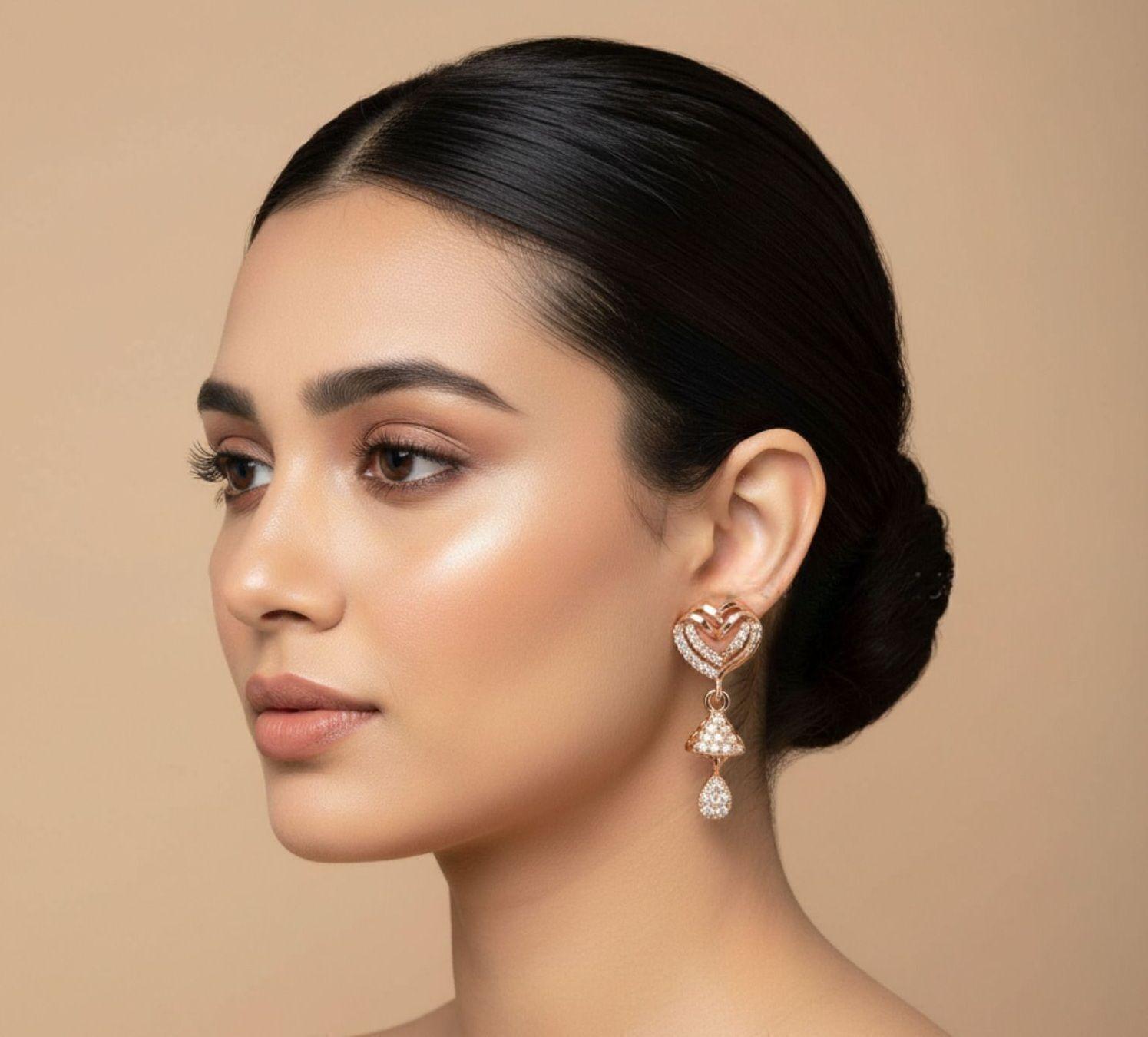 Forevershine Anti Tarnish Rose Gold Plated Heart Jhumki Drop Earrings With Cubic Zirconia, Copper, Polished Finish, 2.5 Cm Length,|lightweight|gift For Her|for Women & Girls - Image 4