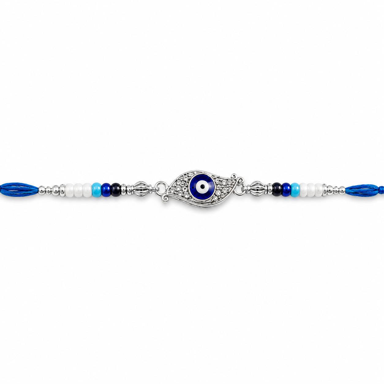 Evil Eye Designer Rakhi With Blue White Beads For Men & Boys(1 Rakhi With Roli, Chawal, Chandan & Mishri Pack) - Image 7