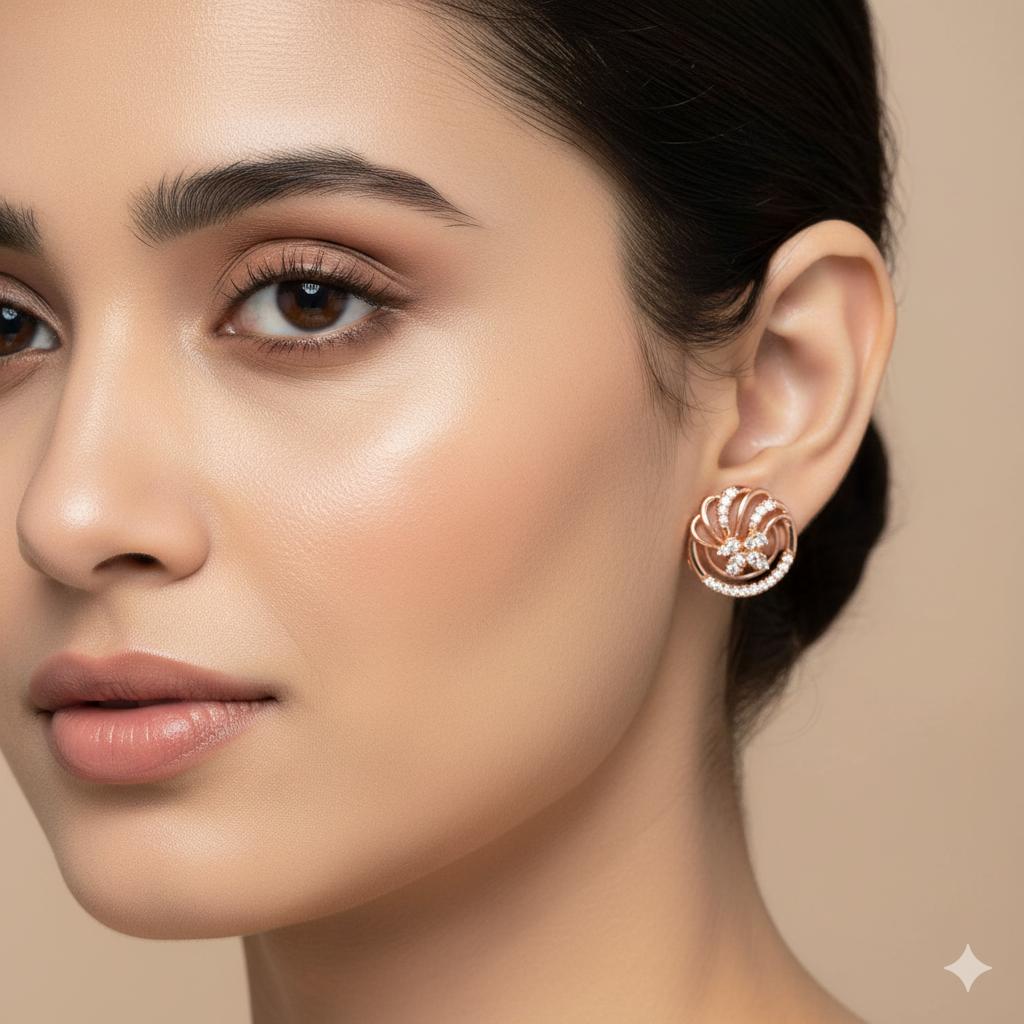 Forevershine Anti Tarnish Rose Gold Plated Cubic Zirconia Stud Earrings, Hexagonal Floral Design, Crystal Stone|lightweight|gift For Her|for Women & Girls