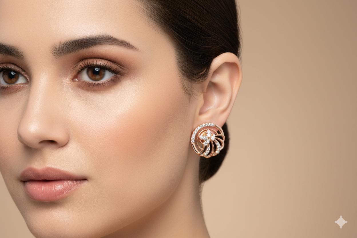 Forevershine Anti Tarnish Rose Gold Plated Cubic Zirconia Stud Earrings, Hexagonal Floral Design, Crystal Stone|lightweight|gift For Her|for Women & Girls - Image 2