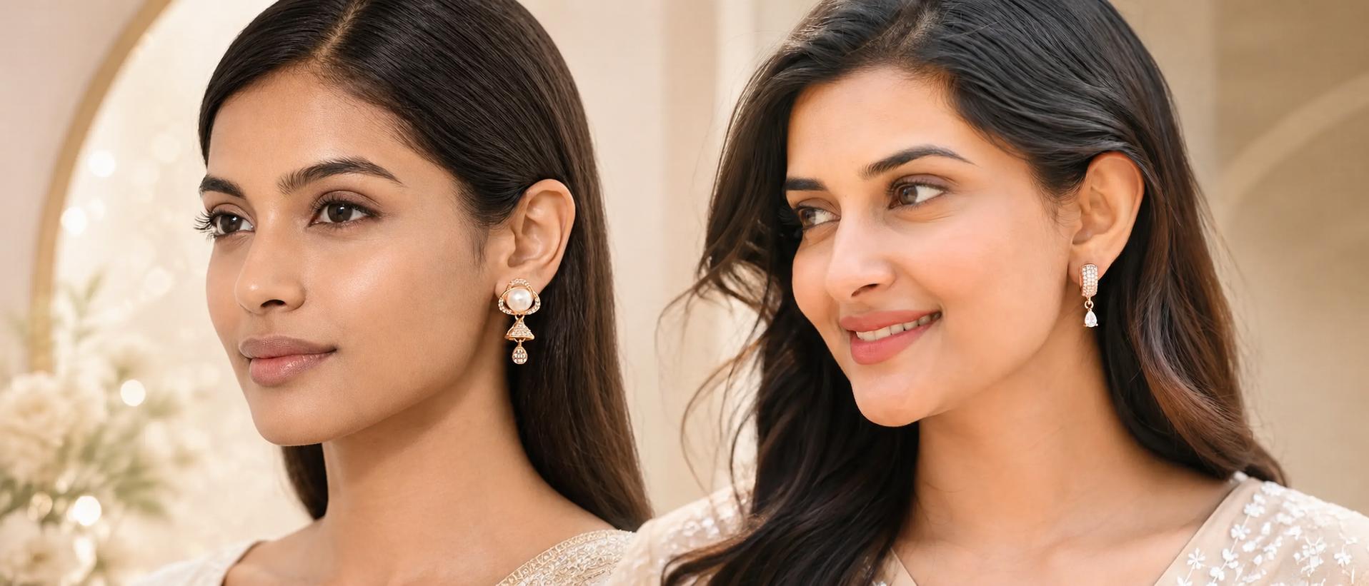 Woman wearing rose gold jhumki and bali earrings from Forever Shine