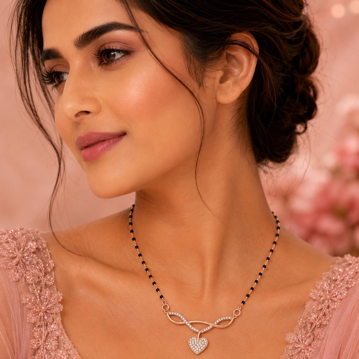 Modern rose gold mangalsutra designs with CZ pendants from Forever Shine on a soft banner background